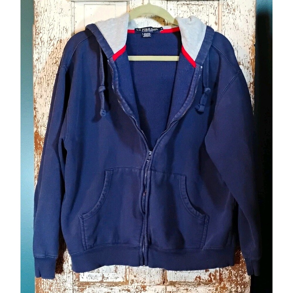 Vintage U.S. Polo Assn. Men's Blue Full Zip Fleece Hoodie Logo Pockets Size L